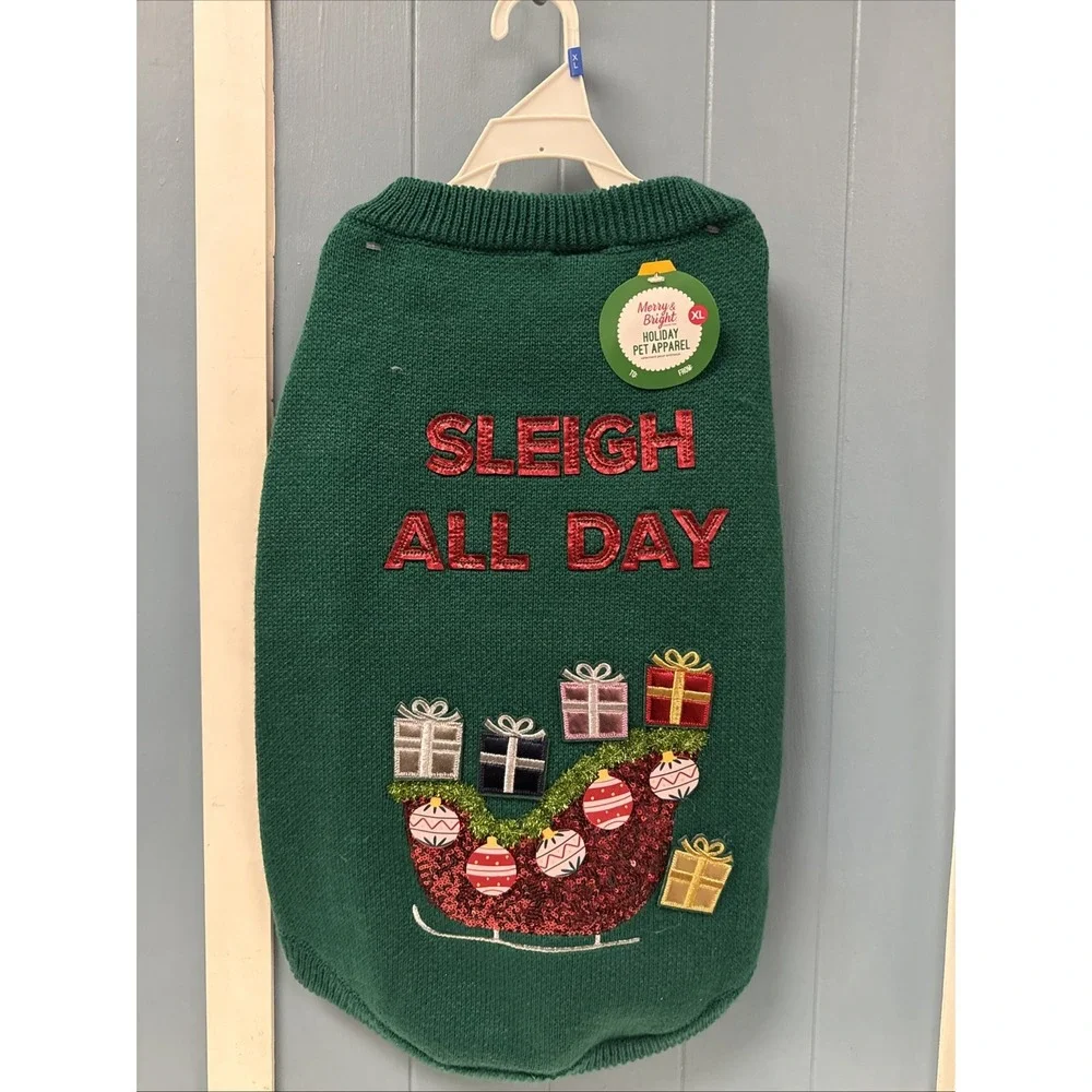 Merry Bright Holiday SLEIGH ALL DAY Sweater‎ Christmas Halloween Dog Costume M